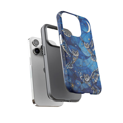Surrealistic Owls Soaring Through A Celestial Night Sky phone case design.