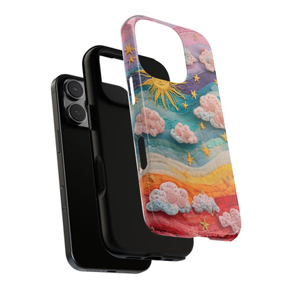 Whimsical Fiber Art Sky Scene With Dynamic Stripes And Clouds phone case design.