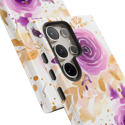 Purple Bloom Watercolor Mobile Case – Artistic Elegance in Gold & Lilac