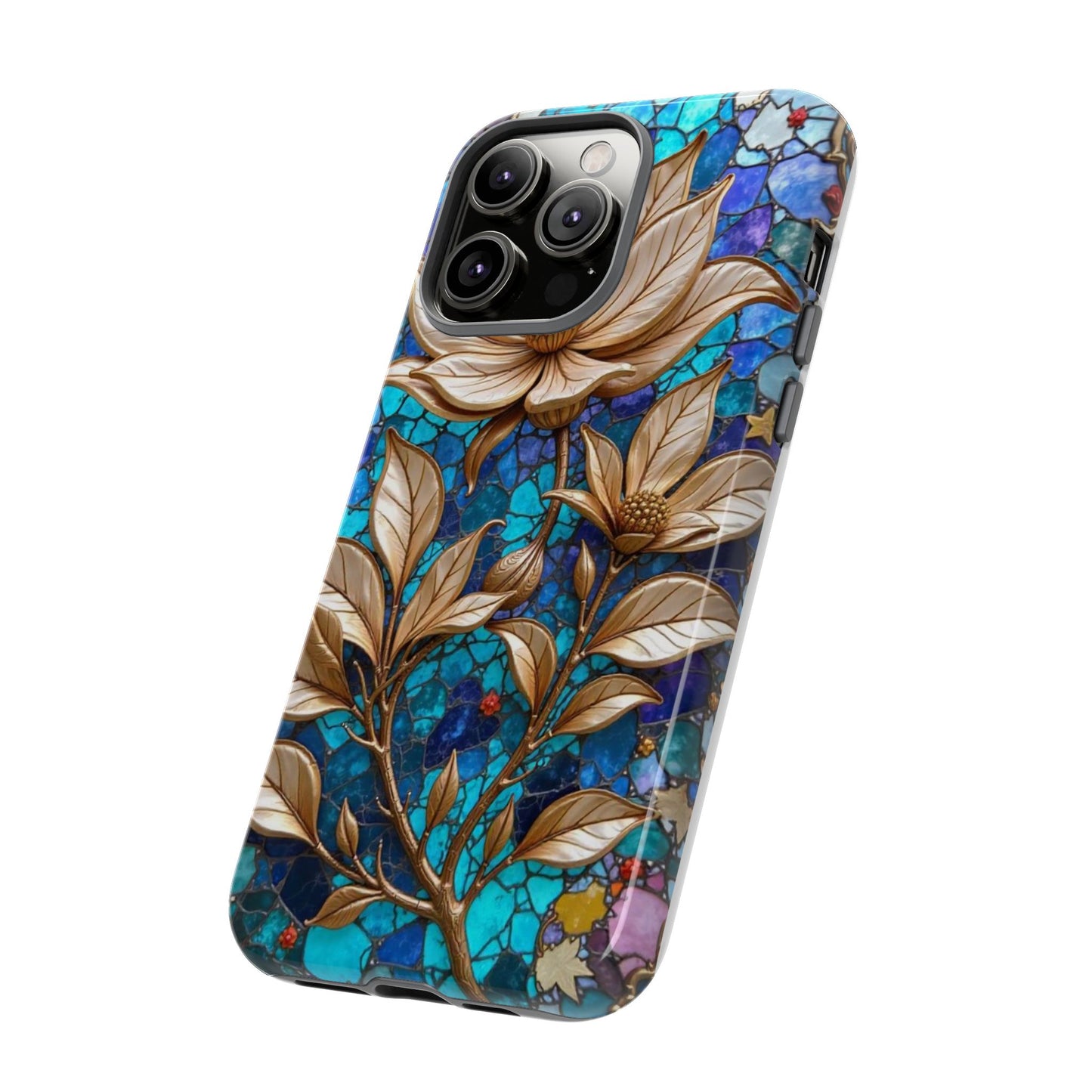 Golden Blossoms on Mosaic Blue Elegance