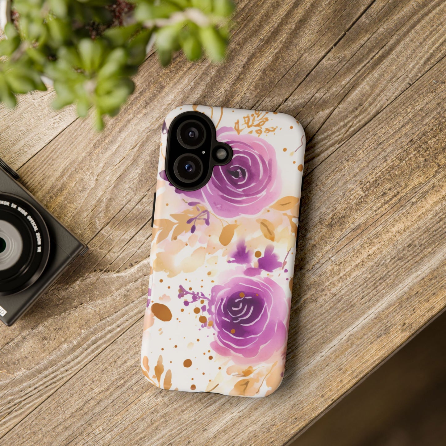 Purple Bloom Watercolor Mobile Case – Artistic Elegance in Gold & Lilac