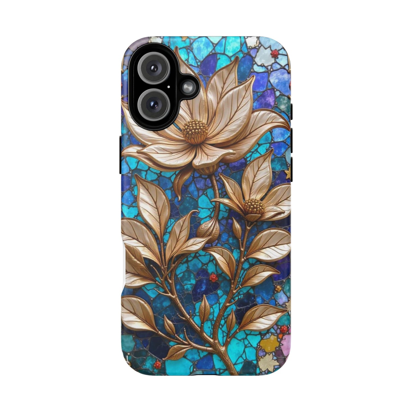 Golden Blossoms on Mosaic Blue Elegance