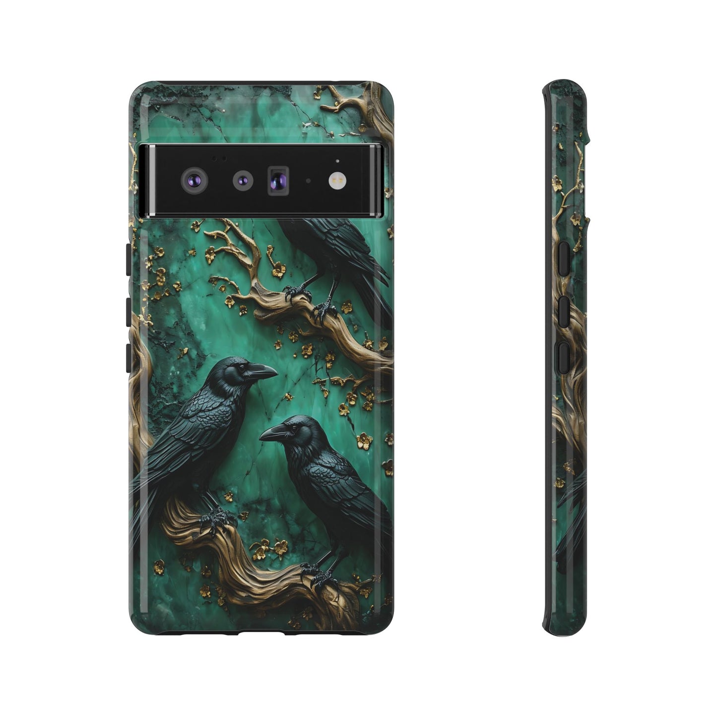 Three Black Ravens Perched On Gold-Accent Branches phone case design