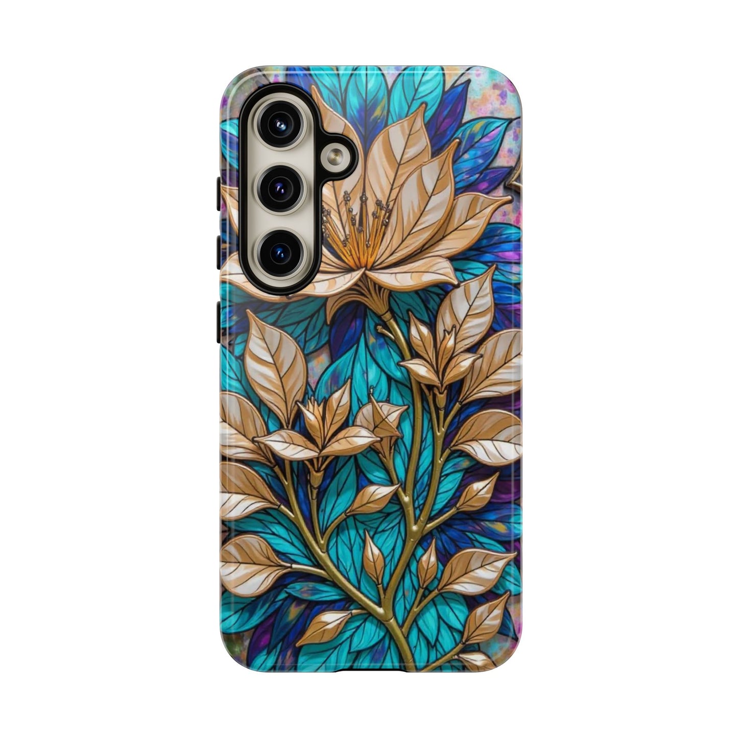 Majestic Golden Blossoms on Mosaic Blue Splendor