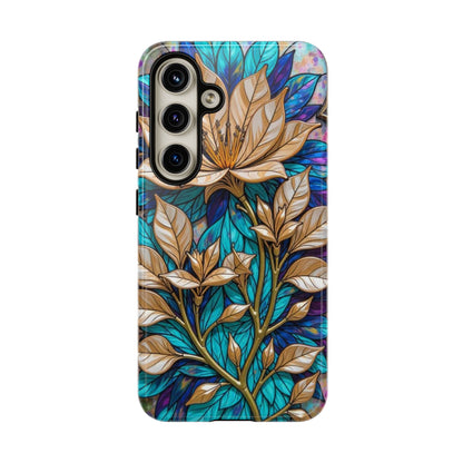 Majestic Golden Blossoms on Mosaic Blue Splendor