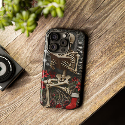 Surreal Relief Sculpture of Skeleton Reading Amidst Festive Decor phone case design