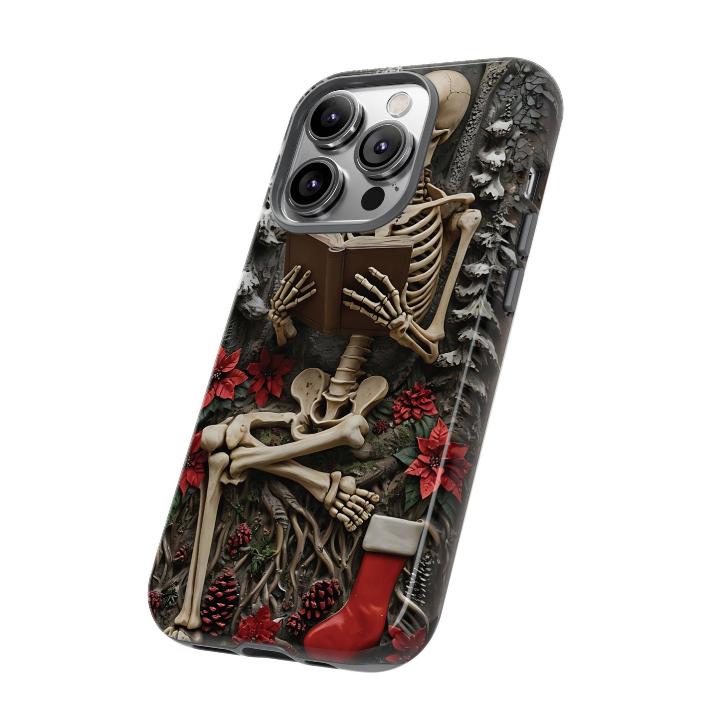 Surreal Relief Sculpture of Skeleton Reading Amidst Festive Decor phone case design