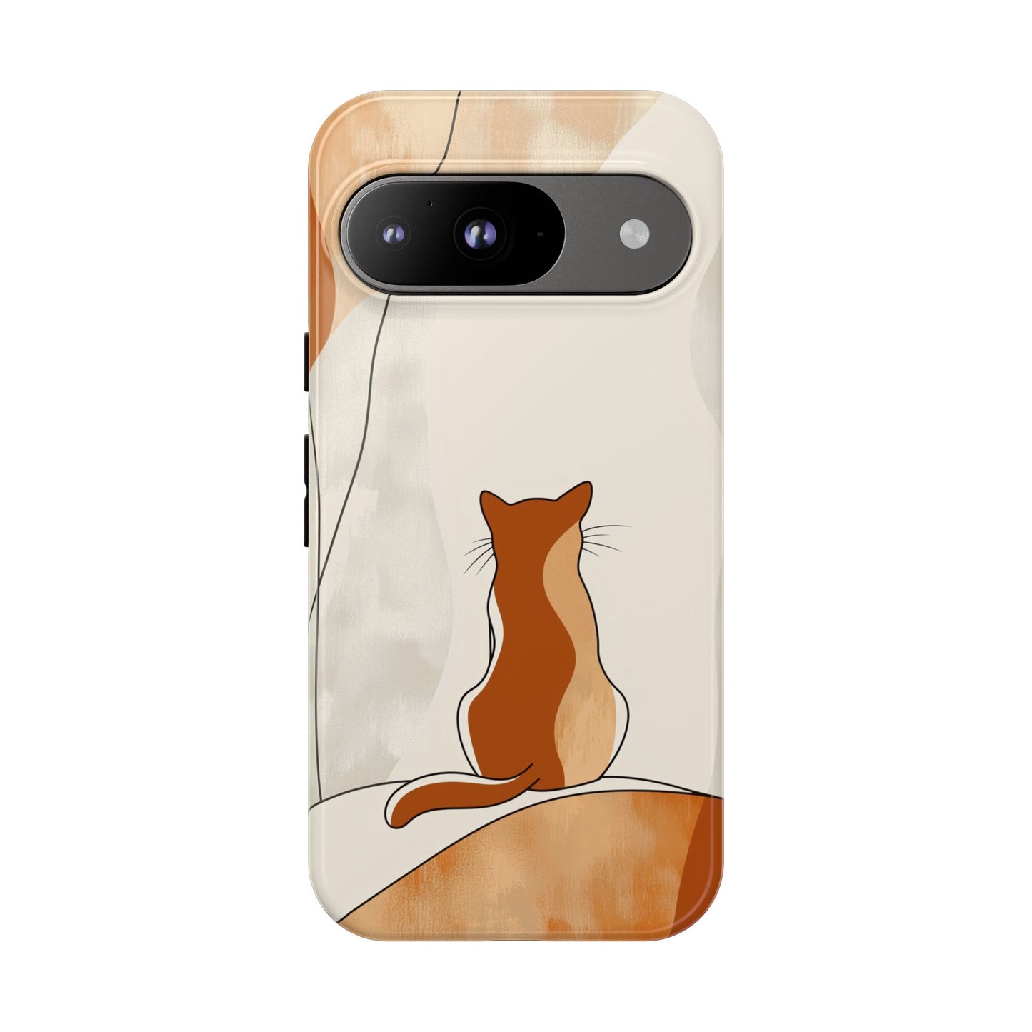 Contemplative Cat: Minimalist Sunset Phone Case for iPhone, Samsung & Pixel