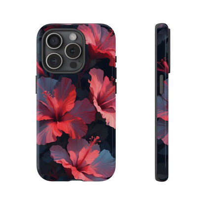 Vibrant red and pink hibiscus flowers blooming against a dark background| Floral phone case design