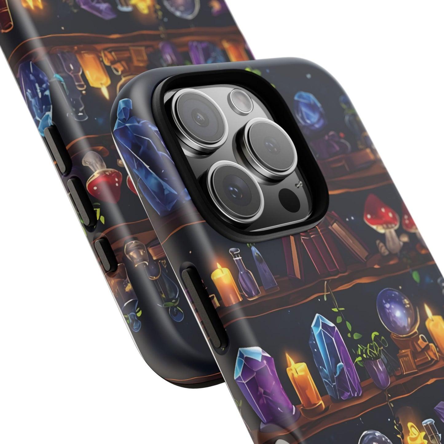 Fantasy Seamless Pattern Of Wooden Shelves Filled With Mystical Items phone case design.