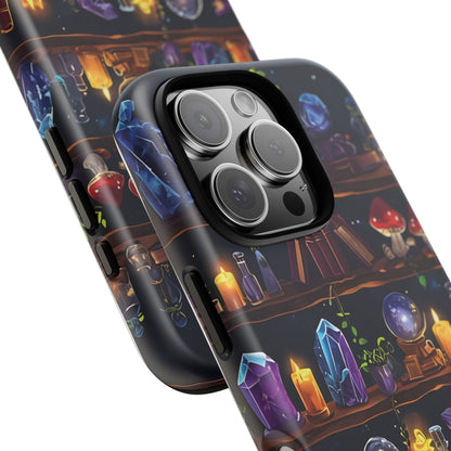 Fantasy Seamless Pattern Of Wooden Shelves Filled With Mystical Items phone case design.