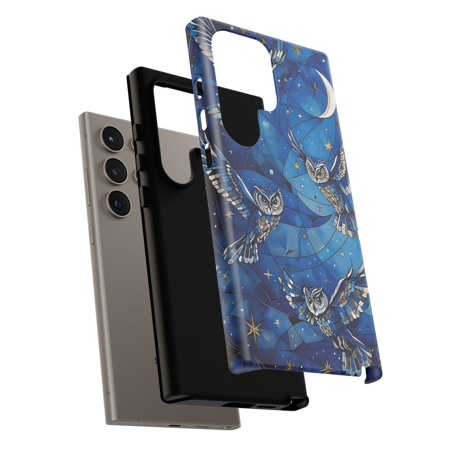 Surrealistic Owls Soaring Through A Celestial Night Sky phone case design.