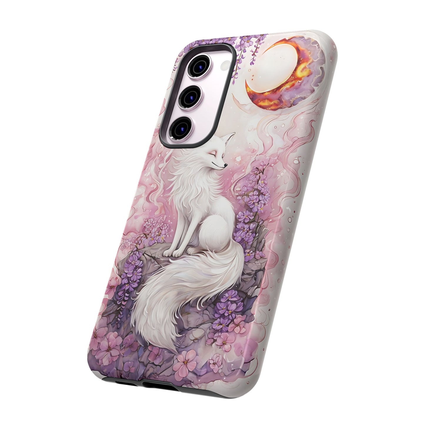 Whimsical White Fox Surrounded By Lavender And Pink Blooms phone case design.