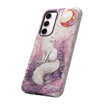 Whimsical White Fox Surrounded By Lavender And Pink Blooms phone case design.