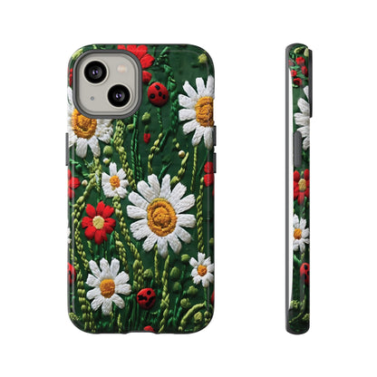 Intricate Embroidered Fabric Featuring Daisies And Ladybugs phone case design