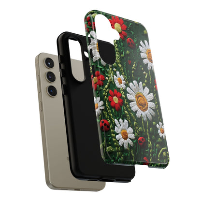 Intricate Embroidered Fabric Featuring Daisies And Ladybugs phone case design