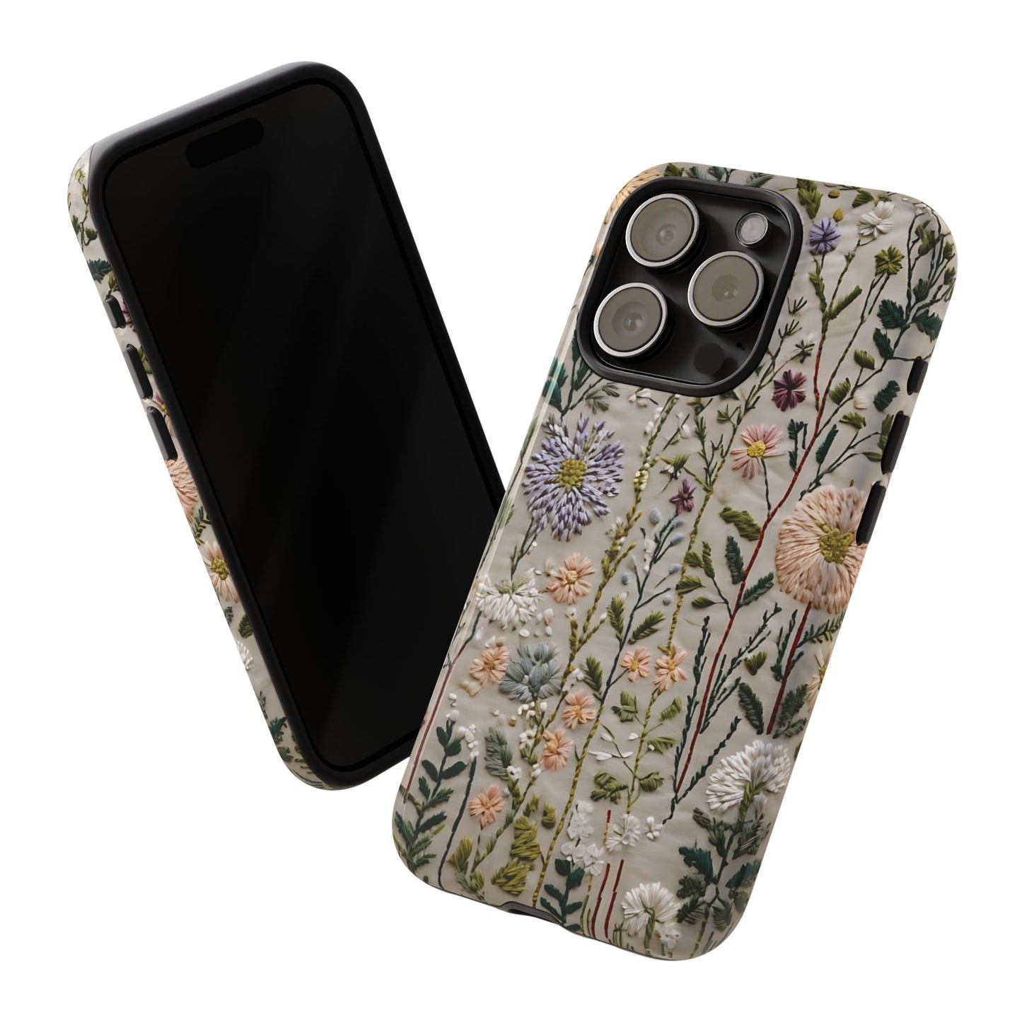 Intricate Embroidery Artwork Featuring Botanical Elements On Beige phone case design.