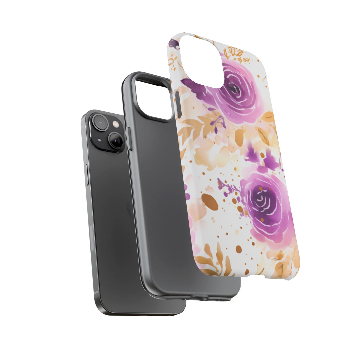 Purple Bloom Watercolor Mobile Case – Artistic Elegance in Gold & Lilac