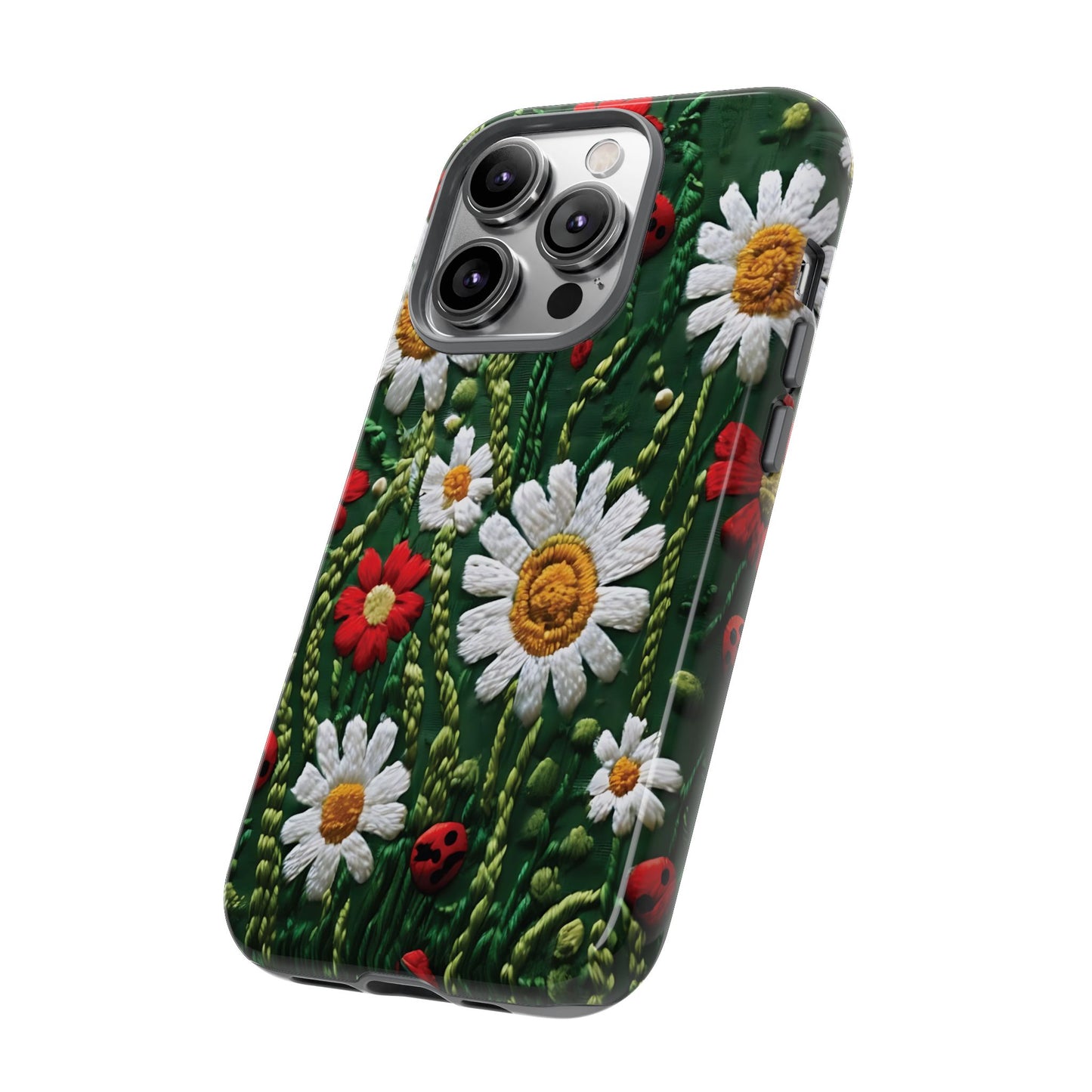 Intricate Embroidered Fabric Featuring Daisies And Ladybugs phone case design