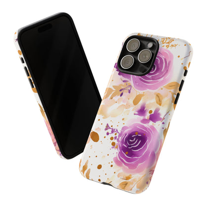 Purple Bloom Watercolor Mobile Case – Artistic Elegance in Gold & Lilac