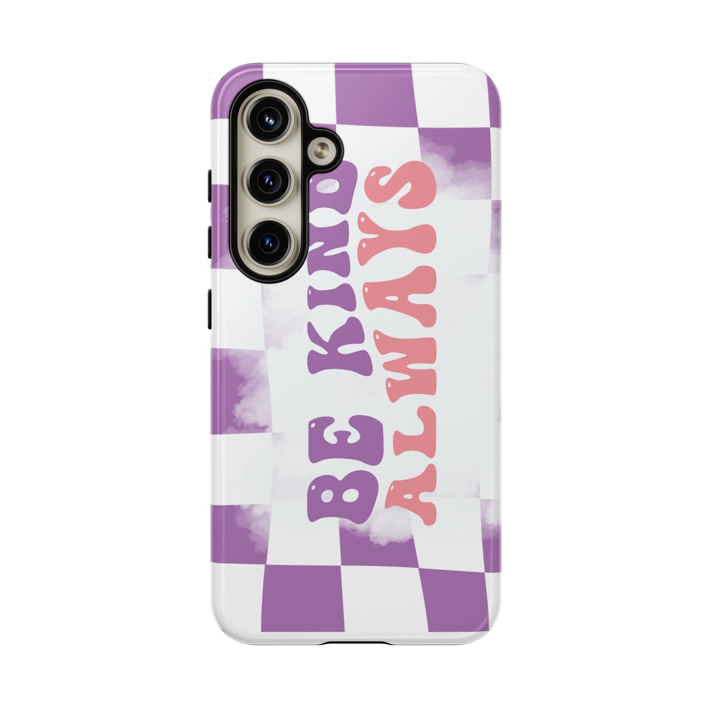 Be Kind Always Phone Case, Motivational Quote Cover for iPhone, Samsung & Google Pixel White Purple Checkered Pattern Phone Cover, Wavy Text Case, Kindness Phone Case, Inspirational Gift