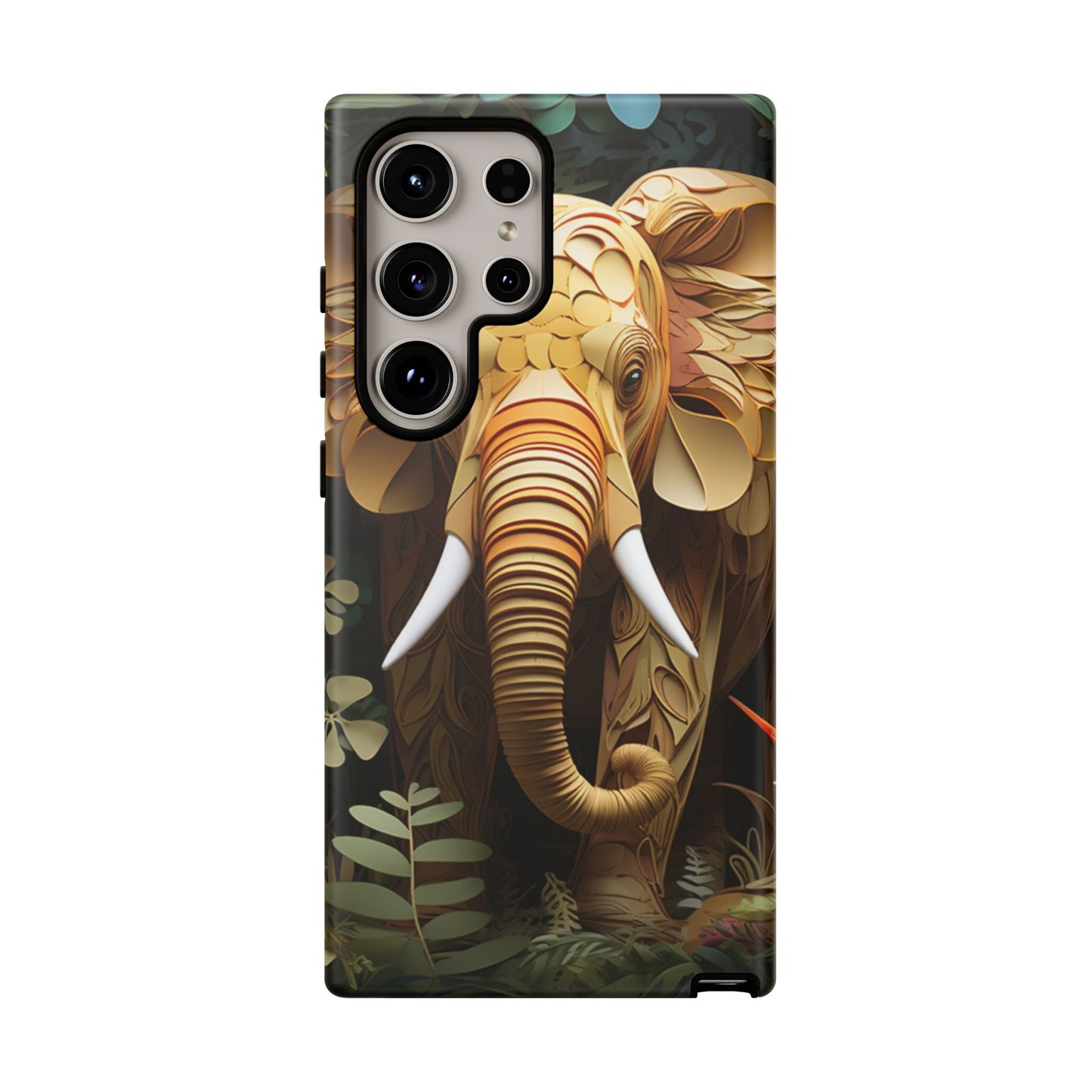 Golden Jungle Elephant Mobile Cover – Intricate Paper Art Design