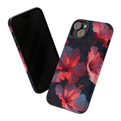 Vibrant red and pink hibiscus flowers blooming against a dark background| Floral phone case design