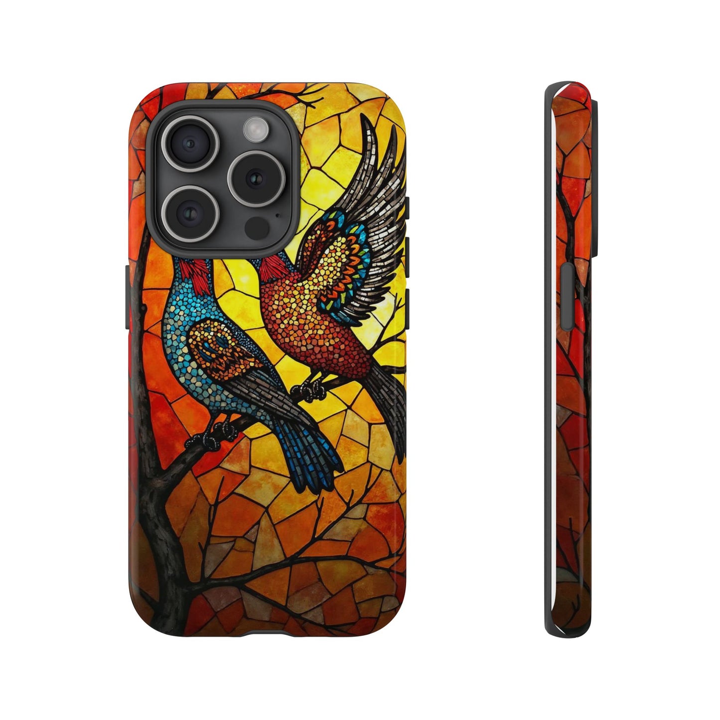 Vibrant Hummingbirds with Stained Glass Charm