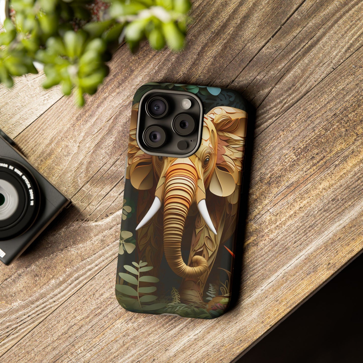 Golden Jungle Elephant Mobile Cover – Intricate Paper Art Design