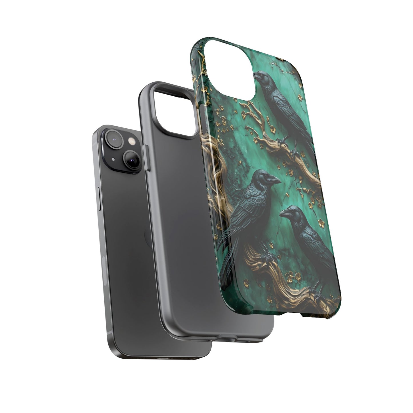 Three Black Ravens Perched On Gold-Accent Branches phone case design