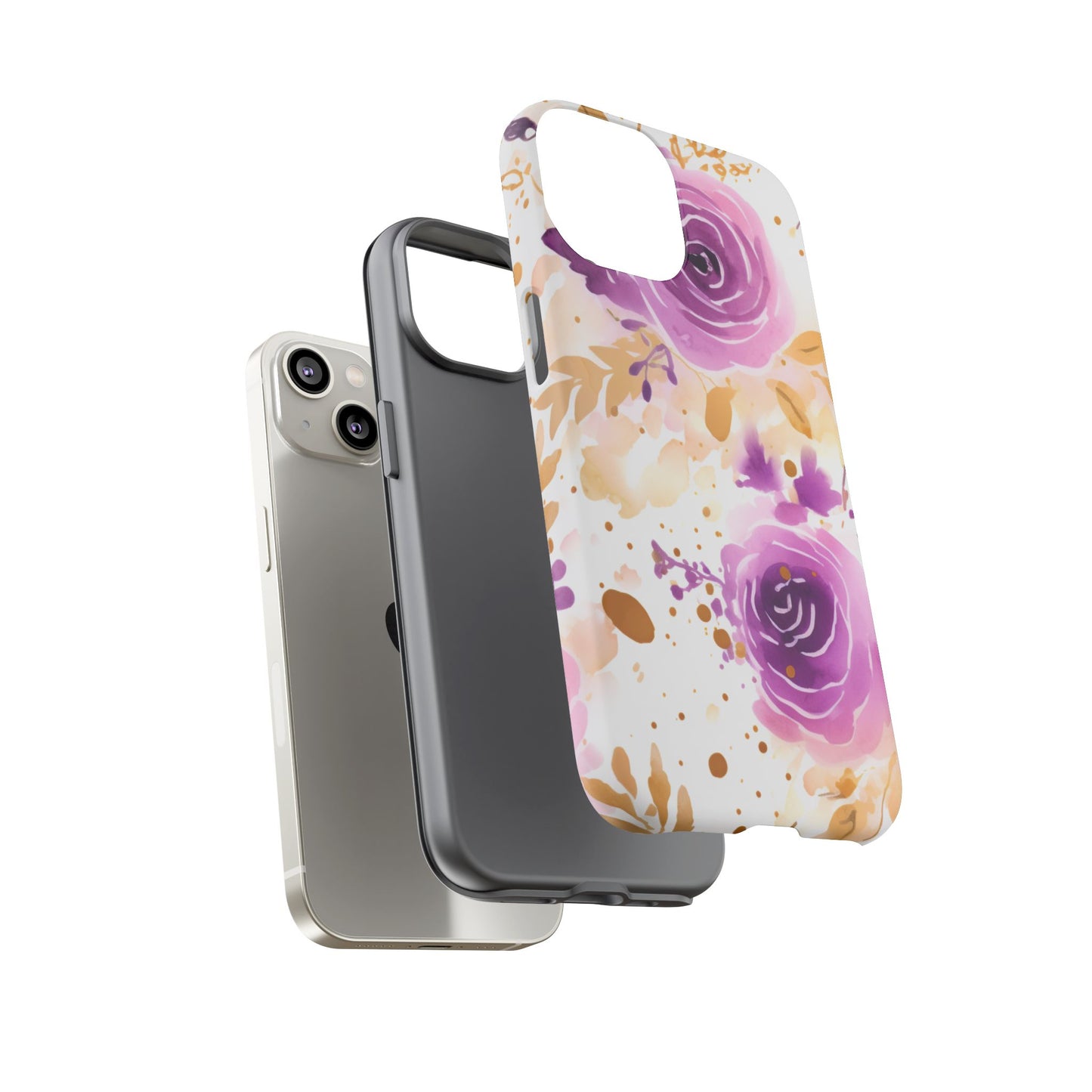Purple Bloom Watercolor Mobile Case – Artistic Elegance in Gold & Lilac