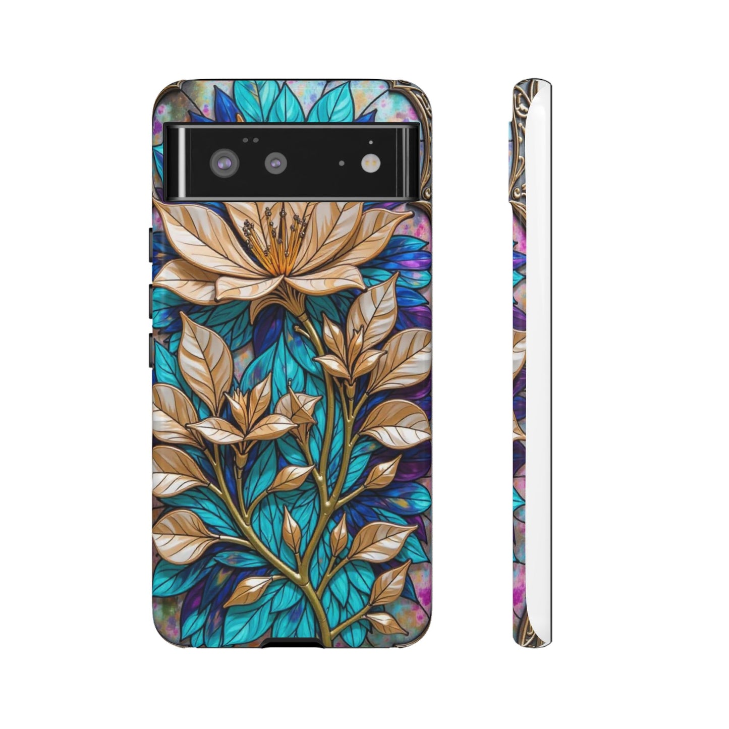 Majestic Golden Blossoms on Mosaic Blue Splendor