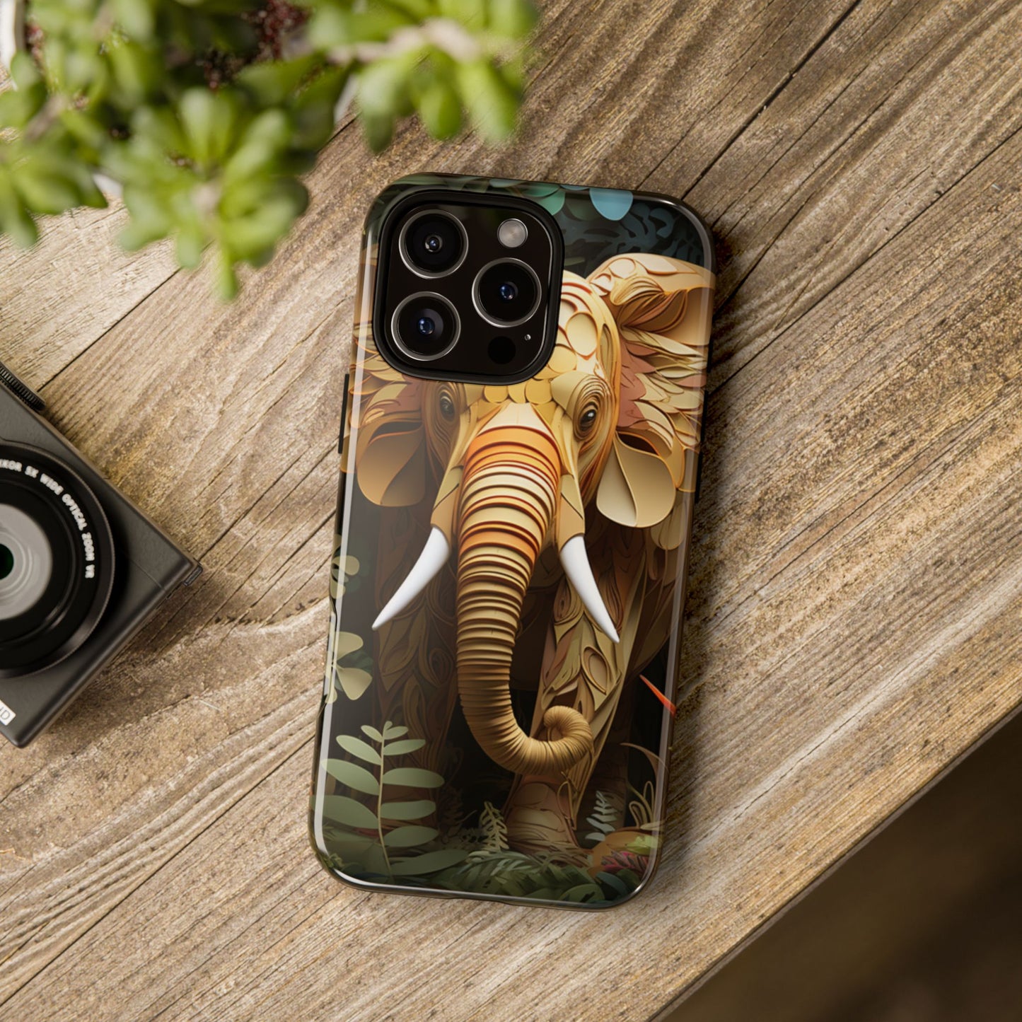 Golden Jungle Elephant Mobile Cover – Intricate Paper Art Design