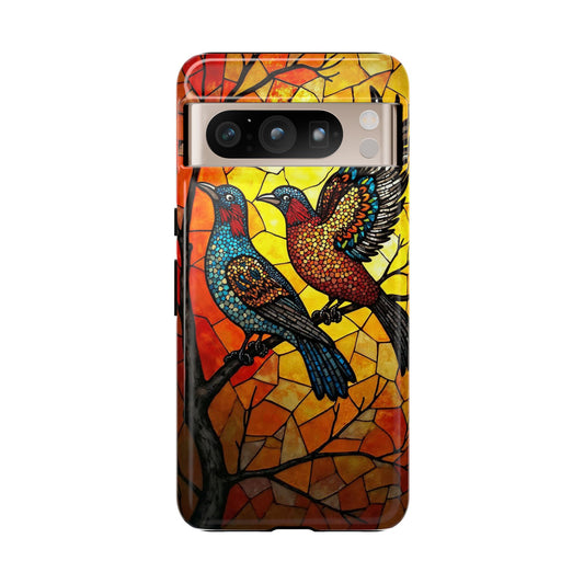 Vibrant Hummingbirds with Stained Glass Charm
