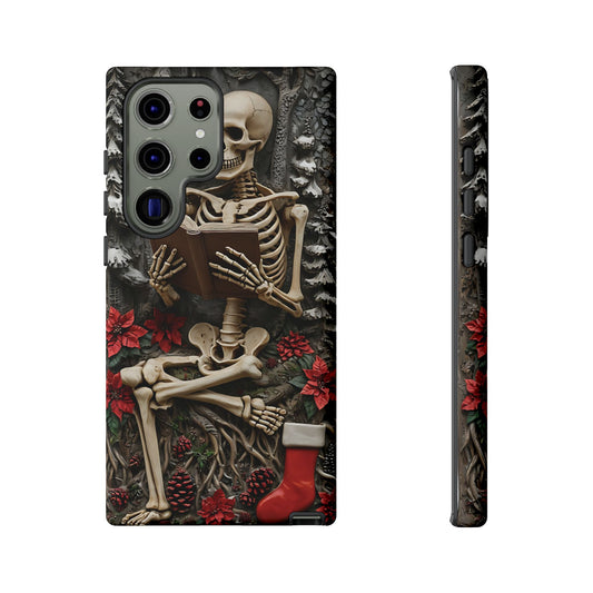 Surreal Relief Sculpture of Skeleton Reading Amidst Festive Decor phone case design