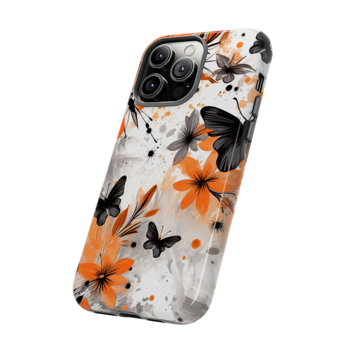 Bold Butterfly & Floral Splash Mobile Cover – Black & Orange Aesthetic