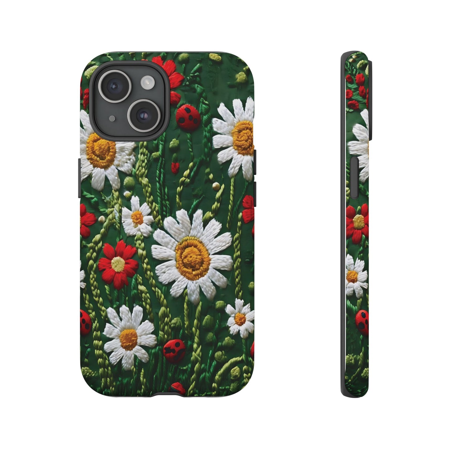 Intricate Embroidered Fabric Featuring Daisies And Ladybugs phone case design
