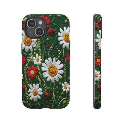 Intricate Embroidered Fabric Featuring Daisies And Ladybugs phone case design