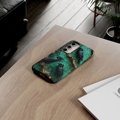 Three Black Ravens Perched On Gold-Accent Branches phone case design