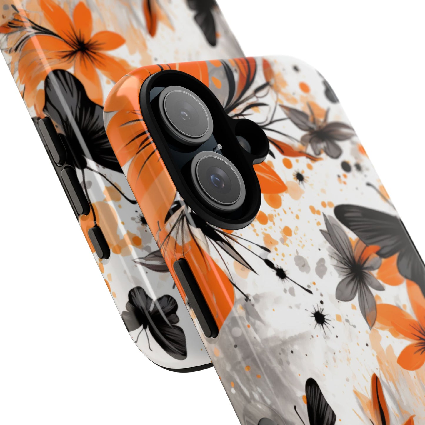 Bold Butterfly & Floral Splash Mobile Cover – Black & Orange Aesthetic