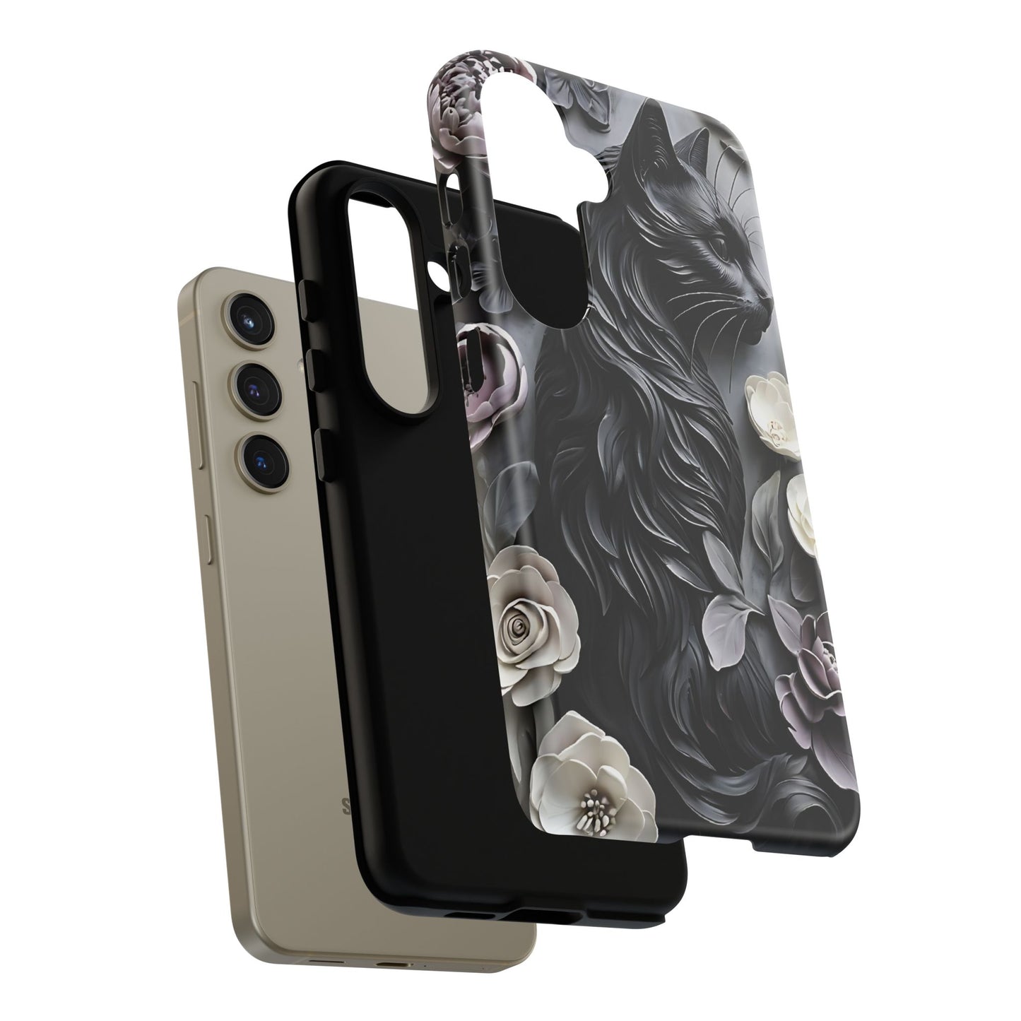 Intricate Bas-Relief Sculpture Of Black Cat Among Flowers phone case design