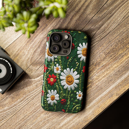 Intricate Embroidered Fabric Featuring Daisies And Ladybugs phone case design