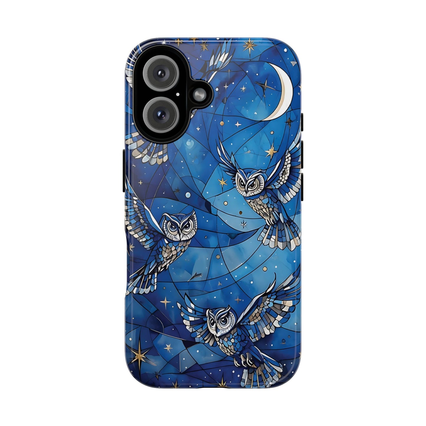 Surrealistic Owls Soaring Through A Celestial Night Sky phone case design.