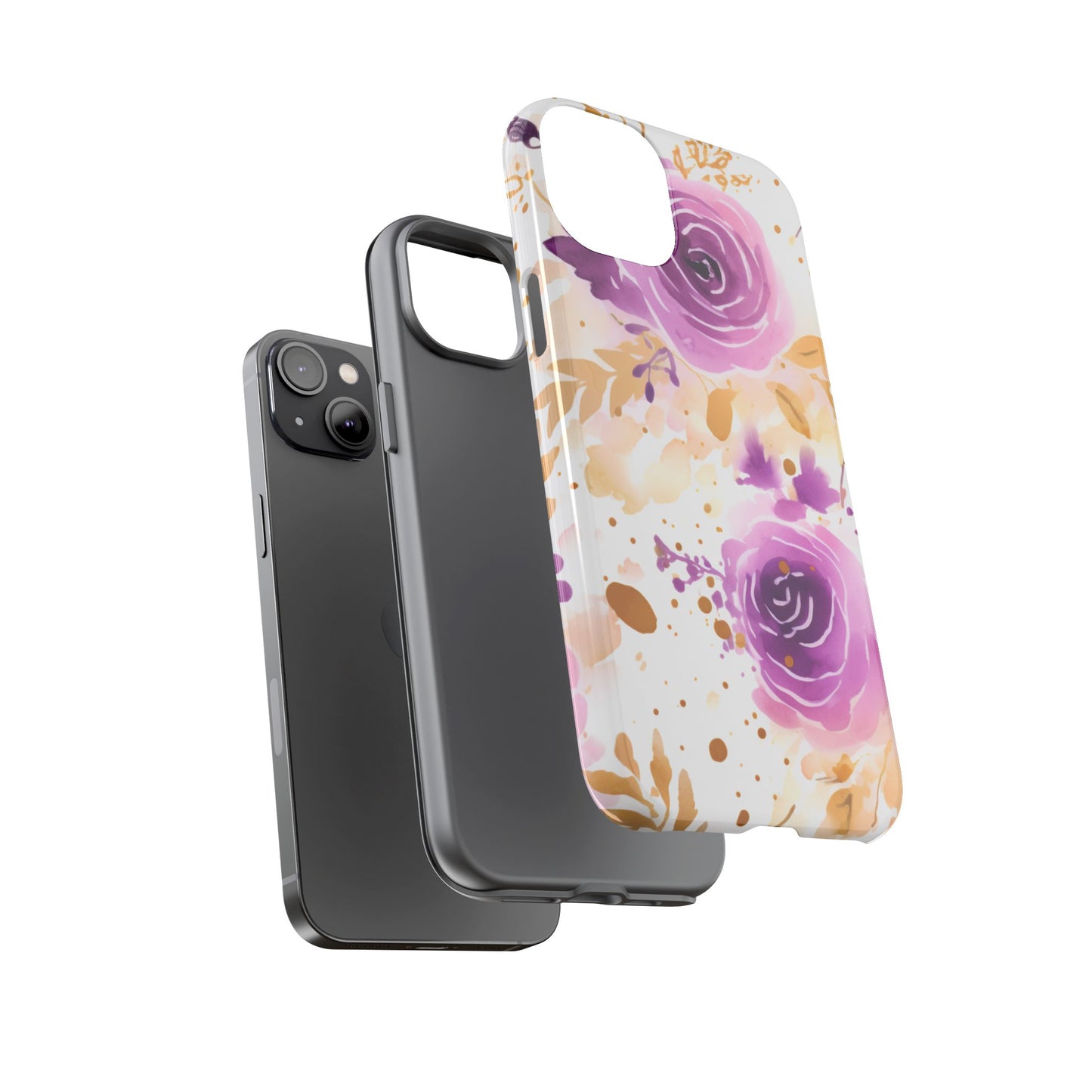 Purple Bloom Watercolor Mobile Case – Artistic Elegance in Gold & Lilac