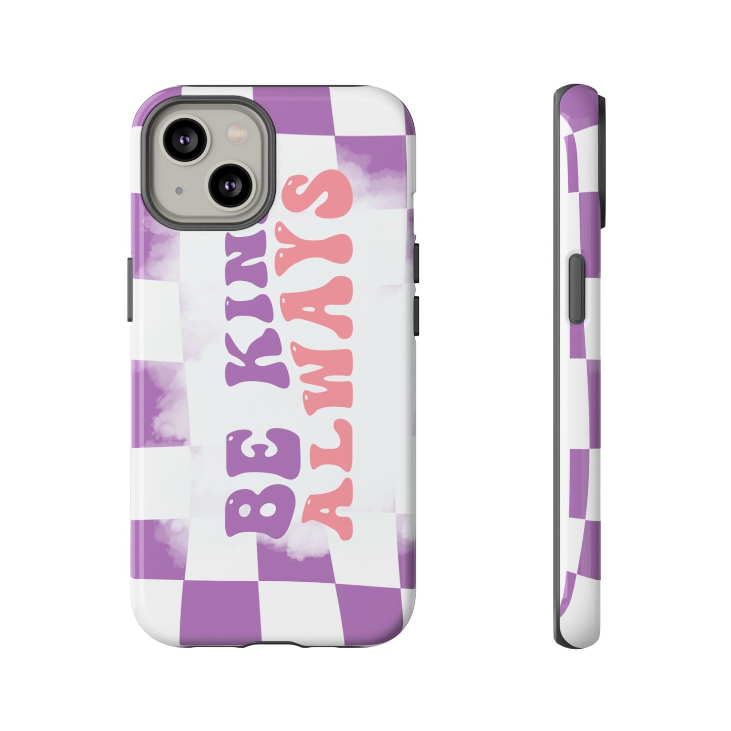 Be Kind Always Phone Case, Motivational Quote Cover for iPhone, Samsung & Google Pixel White Purple Checkered Pattern Phone Cover, Wavy Text Case, Kindness Phone Case, Inspirational Gift