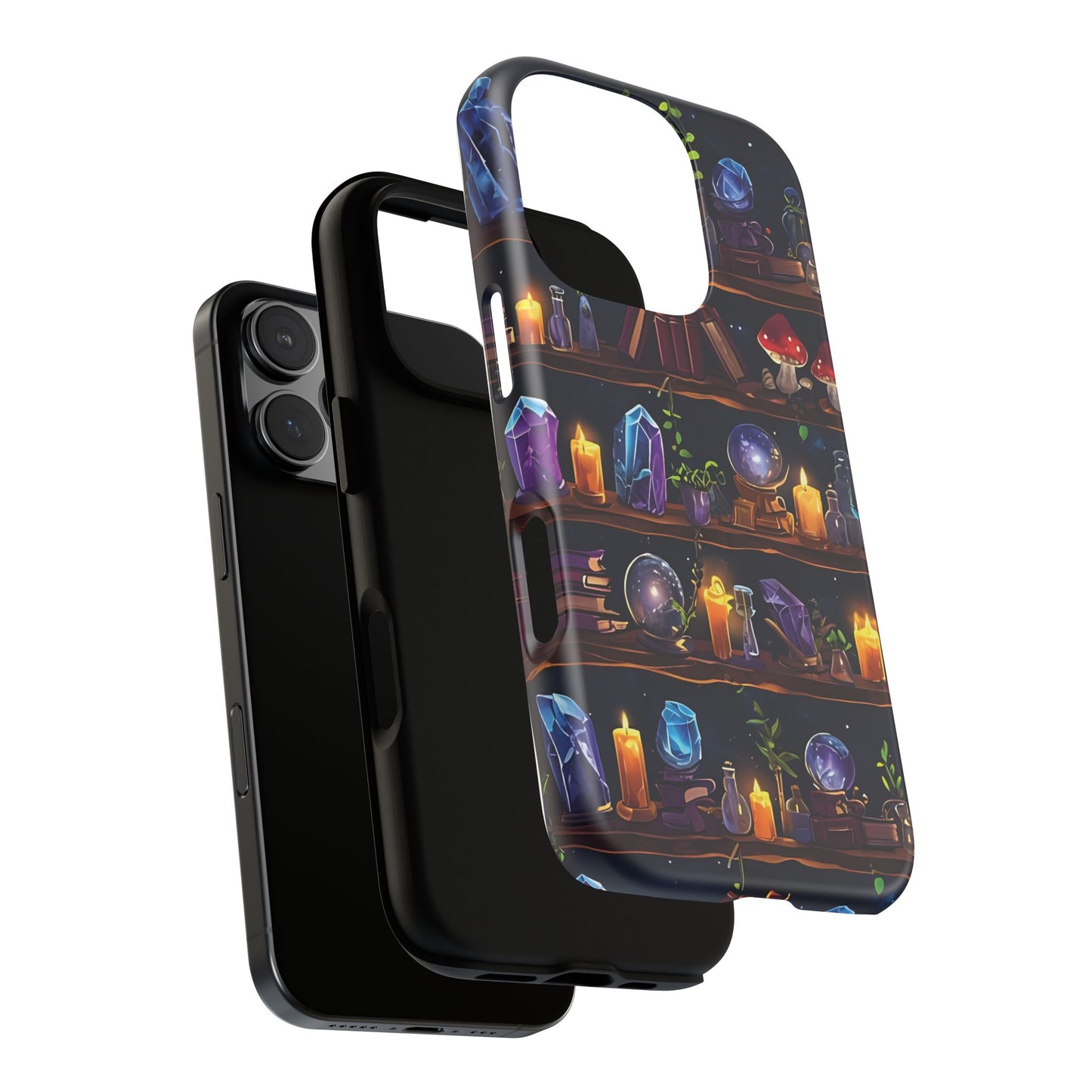 Fantasy Seamless Pattern Of Wooden Shelves Filled With Mystical Items phone case design.