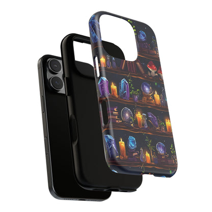 Fantasy Seamless Pattern Of Wooden Shelves Filled With Mystical Items phone case design.
