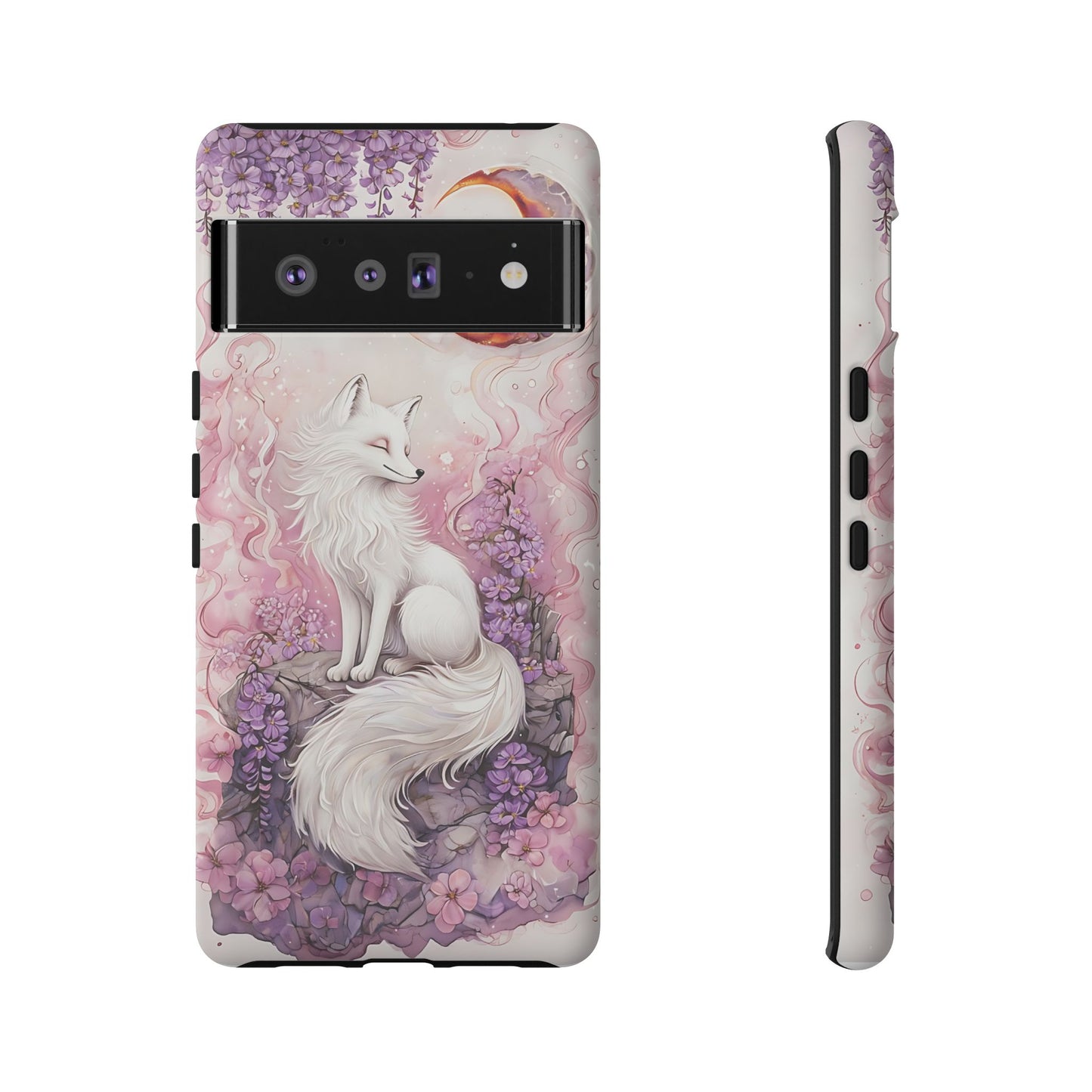 Whimsical White Fox Surrounded By Lavender And Pink Blooms phone case design.