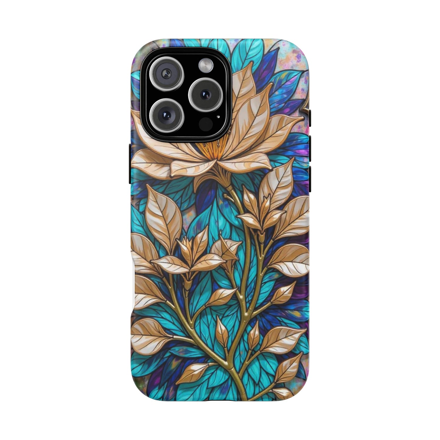 Majestic Golden Blossoms on Mosaic Blue Splendor
