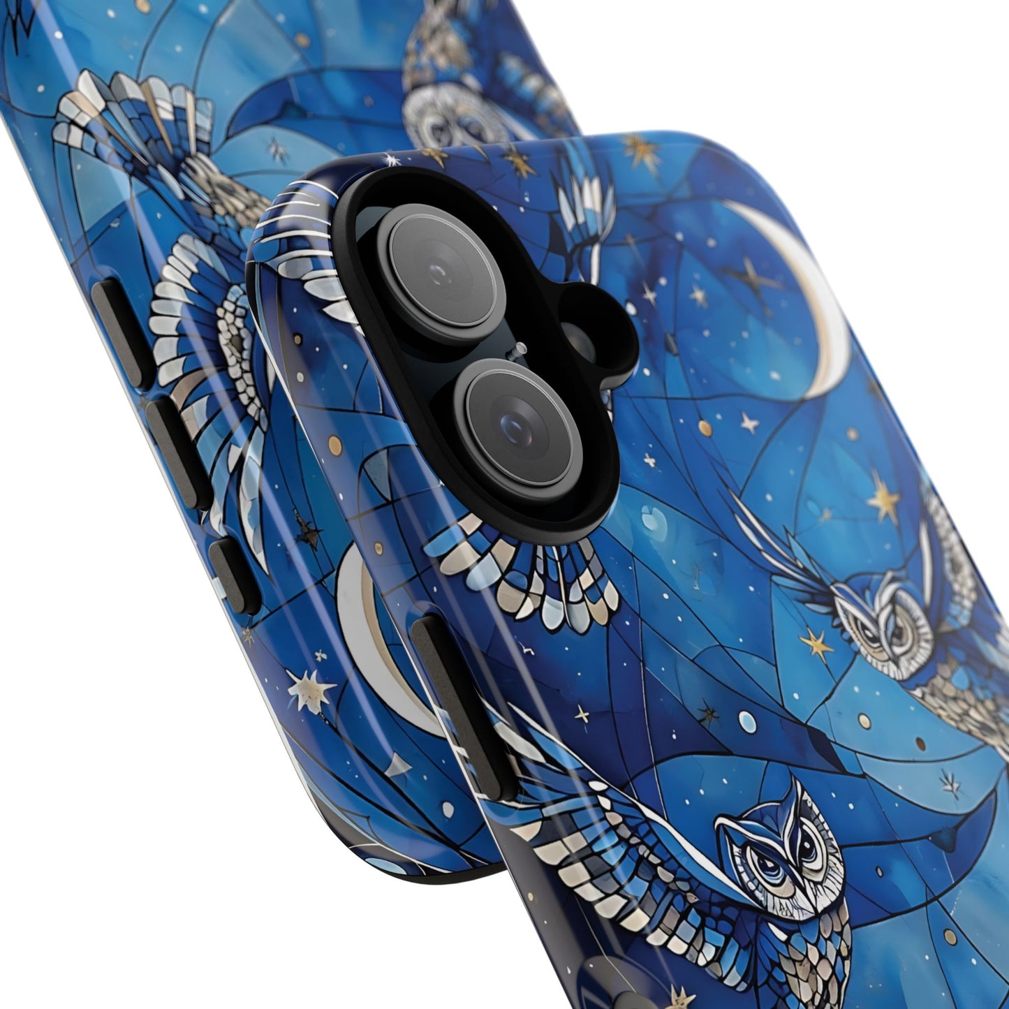 Surrealistic Owls Soaring Through A Celestial Night Sky phone case design.